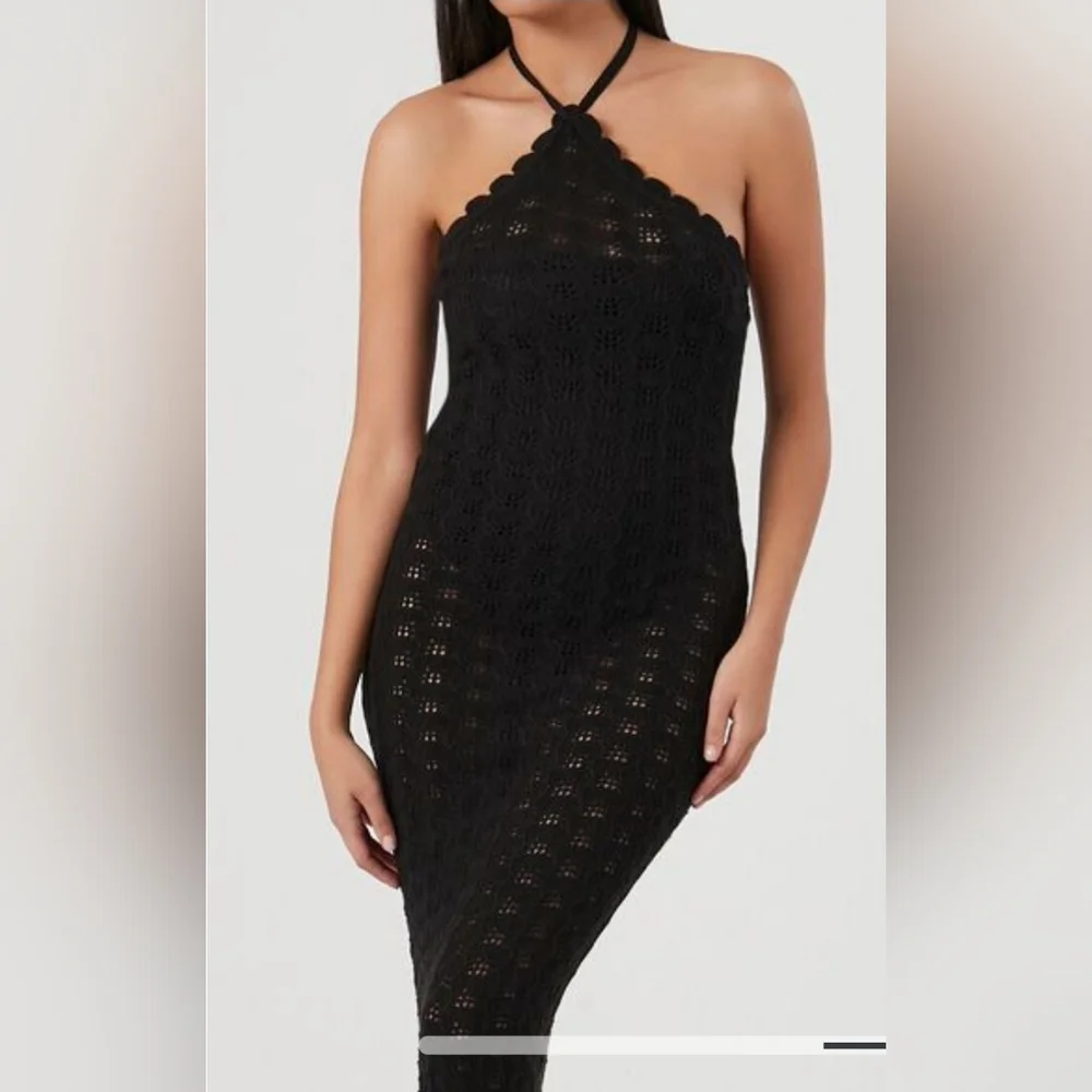Forever 21 Black Knit Crochet Body Con Midi Dress NWT Medium - Picture 4 of 7